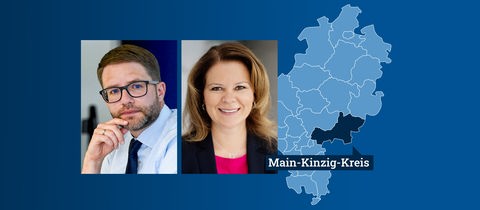Portraits der Kandidat Thorsten Stolz und Gabriele Stenger neben einer Hessenkarte mit Lokaliserung des Landkreises Main-Kinzig