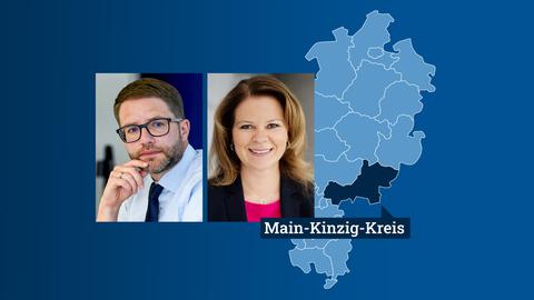 Portraits der Kandidat Thorsten Stolz und Gabriele Stenger neben einer Hessenkarte mit Lokaliserung des Landkreises Main-Kinzig