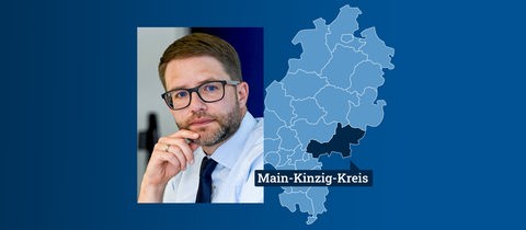 Portrait vonThorsten Stolz neben einer Hessenkarte mit Lokaliserung des Landkreises Main-Kinzig