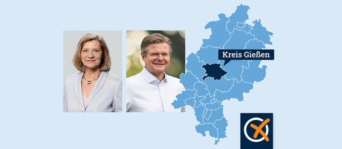 Peter Neidel (CDU) und die Gießener Landrätin Antia Schneider (SPD) im Portrait neben einer Karte, in welcher der Landkreis Gießen eingezeichnet ist.