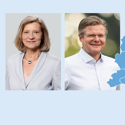Peter Neidel (CDU) und die Gießener Landrätin Antia Schneider (SPD) im Portrait neben einer Karte, in welcher der Landkreis Gießen eingezeichnet ist.