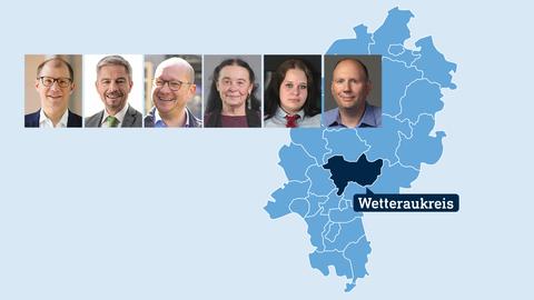Hessenkarte - mit Einfärbung und Benennung des Wetteraukreises - und Portraits der Kandidierenden