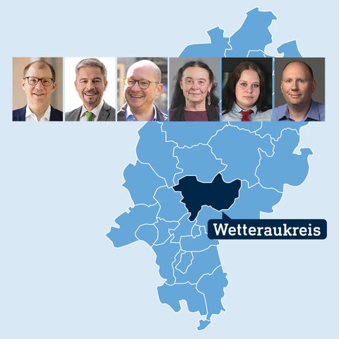 Hessenkarte - mit Einfärbung und Benennung des Wetteraukreises - und Portraits der Kandidierenden