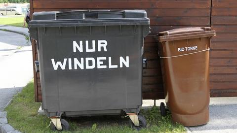 Ein Müllcontainer mit der Aufschrift "Nur Windeln", daneben ein "Biotonne".