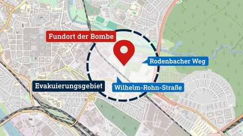 Eine Karte auf der der Fundort einer Bombe in Hanau verzeichnet ist. Außerdem sieht man einen 50m Radius Sperrkreis um den Fundort