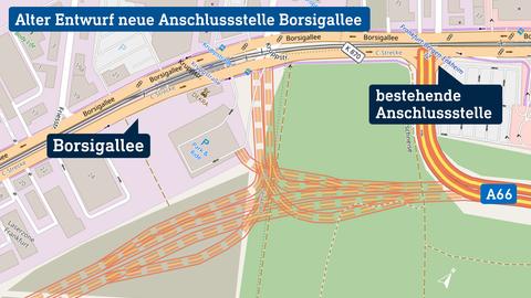 Die Karte verortet die Planung an der Borsigallee, in der Nähe der A66.
