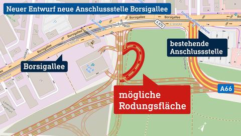 Die Karte verortet die Planung an der Borsigallee, in der Nähe der A66, mit einer möglichen Rodungsfläche.