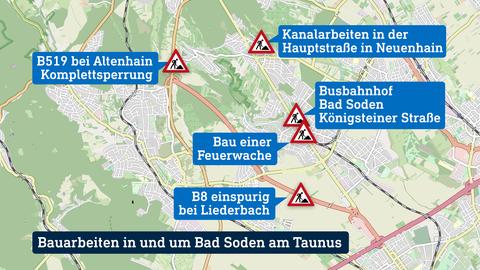 Eine Karte von Bad Soden und umgebenden Ortsteilen auf der Baustellen verortet sind