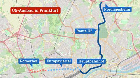 Een stadsplan van Frankfurt, in de bisherige Verlauf der U-Bahn 5, hoe dan ook, beiden hebben sindsdien Aubaustufen eingezeichnet geplant