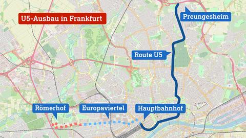 Ein Stadtplan von Frankfurt, in den der bisherige Verlauf der U-Bahn 5, sowie die beiden geplanten Aubaustufen eingezeichnet sind