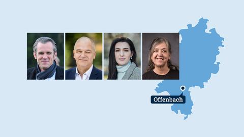 Bilder der vier Kandidierenden zur OB-Wahl in Offenbach schweben über einer Hessenkarte, auf der Offenbach gezeigt wird