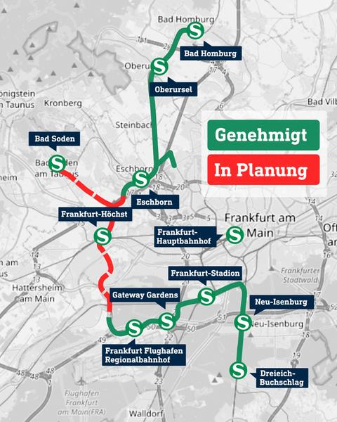 Die Grafik zeigt schematisch die neuen genehmigten und noch in Planung befindlichen S-Bahn-Strecken im Rhein-Main-Gebiet.