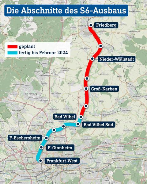 Die Karte zeigt die Strecke der S 6 - bereits fertiggestellt und geplant - von Frankfurt West nach Friedberg über Bad Vilbel.