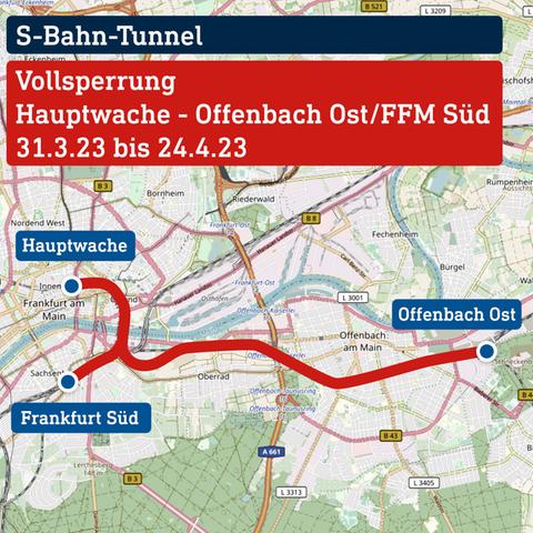 Karte über die Sperrung des Frankfurter und Offenbacher S-Bahn-Tunnels während der Osterferien