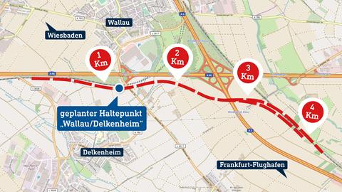 Karte mit Markierung der neu geplanten Strecke zwischen Wallau und Delkenheim.