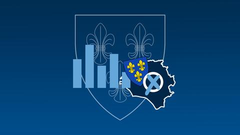 Grafik, bestehend aus dem Wappen von Wiesbaden, einem Wahlkreuz, einem stilisierten Säulendiagramm und dem Umriss der Stadt. Alles auf einem dunkelblauen Hintergrund.