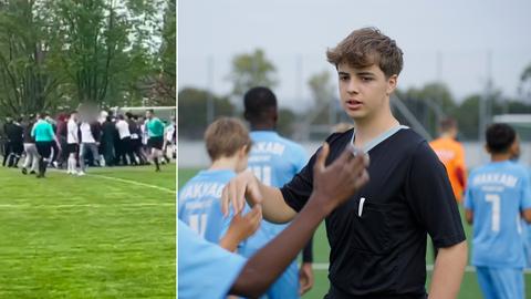 Bildcollage mit Gruppe im Konflikt und "Cayo Egle" Fussballschiedsrichter