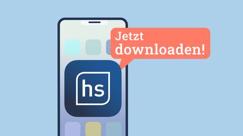 Handy mit hessenschau App, Schriftzug: Jetzt downloaden!