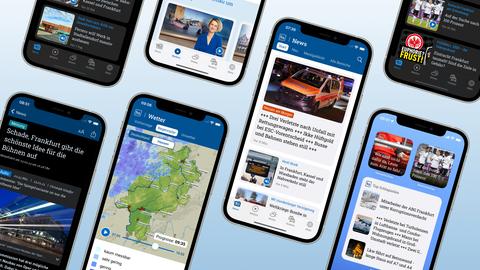 Mehrere beispielhafte Screens von Smartphones mit der neuen hessenschau-App