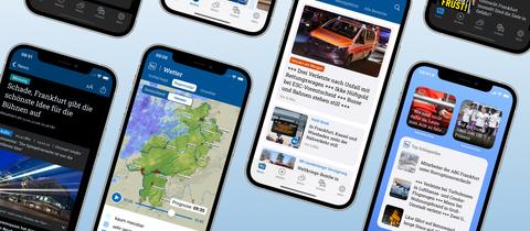 Mehrere Handies liegen nebeneinander, auf den Handies ist die hessenschau App in verschiedenen Ansichten zu sehen