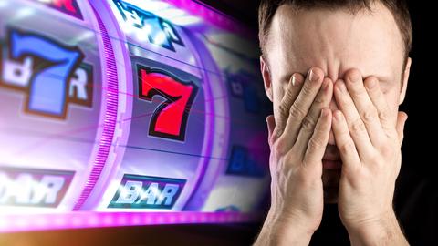 Geldspielautomat nah, mit Mann (hält sich die Augen zu)