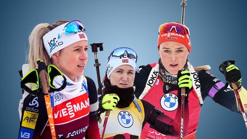 Drei Biatheltinnen in Sportkleidung und in Action als Collage zusammengestellt vor einem blauen Hintergrund.