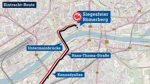 Die Grafik zeigt eine Karte der Frankfurter Innenstadt mit der Route, welche die Eintracht-Spieler zur Siegesfeier fahren.