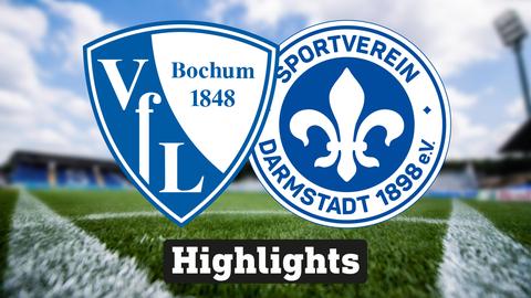 Im Hintergrund sieht man ein Fussballstadion, davor links das Logo vom VfL Bochum und rechts das Logo von SV Darmstadt 98