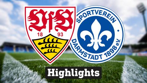 Im Hintergrund sieht man ein Fussballstadion, davor links das Logo vom VfB Stuttgart und rechts das Logo von SV Darmstadt 98