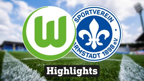 Im Hintergrund sieht man ein Fussballstadion, davor links das Logo vom VfL Wolfsburg und rechts das Logo von SV Darmstadt 98