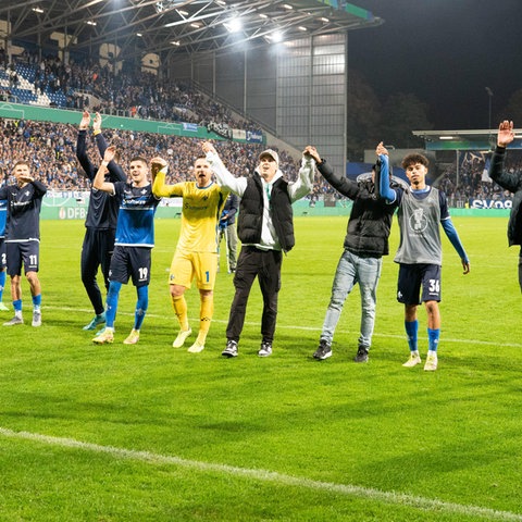 Die Spieler von Darmstadt 98 jubeln mit den Fans 