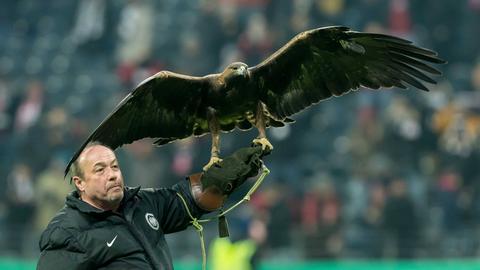 Eintracht-Maskottchen Attila auf dem Arm von Falkner Norbert Lawitschka