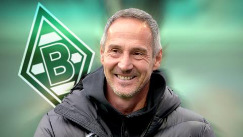 Collage: Eintracht-Trainer Adi Hütter im Vordergrund, das Logo von Borussia Mönchengladbach im Hintergrund.