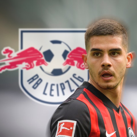 Collage: André Silva im Eintracht-Trikot. Im Hintergrund ist das Logo von RB Lepizig zu sehen.