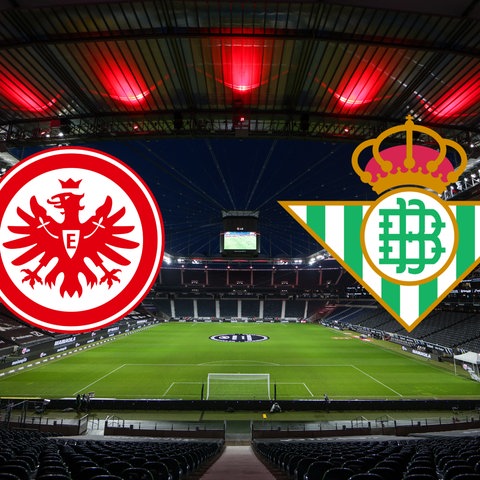 Collage: Die Wappen von Eintracht Frankfurt und Betis Sevilla vor dem Frankfurter Stadion