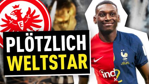 Collage mit dem Logo von Eintracht Frankfurt, Kolo Muani und dem Schriftzug "Plötzlich Weltstar"