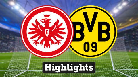 Im Hintergrund sieht man ein Fussballstadion, davor links das Logo von Eintracht Frankfurt und rechts das Logo von Borussia Dortmund 