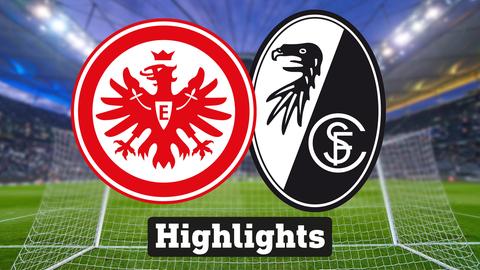Im Hintergrund sieht man ein Fussballstadion, davor links das Logo von Eintracht Frankfurt und rechts das Logo vom SC Freiburg 