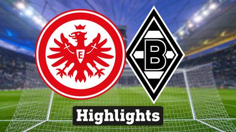 Im Hintergrund sieht man ein Fussballstadion, davor links das Logo von Eintracht Frankfurt und rechts das Logo von Borussia Mönchengladbach 