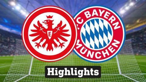 Im Hintergrund sieht man ein Fussballstadion, davor links das Logo von Eintracht Frankfurt und rechts das Logo vom FC Bayern München