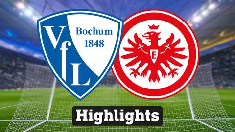 Im Hintergrund sieht man ein Fussballstadion, davor links das Logo vom VfL Bochum  und rechts das Logo der Eintracht Frankfurt