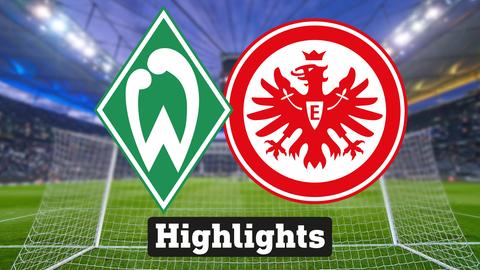 Im Hintergrund sieht man ein Fussballstadion, davor links das Logo von Werder Bremen und rechts das Logo der Eintracht Frankfurt