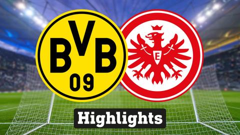 Im Hintergrund sieht man ein Fussballstadion, davor links das Logo von Borussia Dortmund und rechts das Logo der Eintracht Frankfurt