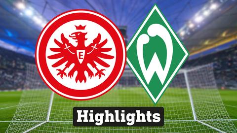 Im Hintergrund sieht man ein Fussballstadion, davor links das Logo von Eintracht Frankfurt und rechts das Logo von Werder Bremen 