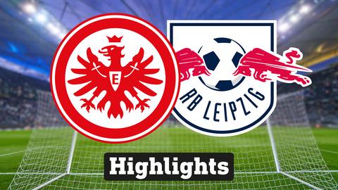 Im Hintergrund sieht man ein Fussballstadion, davor links das Logo von Eintracht Frankfurt und rechts das Logo vom RB Leipzig 