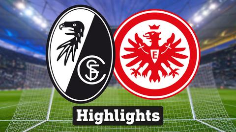 Im Hintergrund sieht man ein Fussballstadion, davor links das Logo vom SC Freiburg und rechts das Logo der Eintracht Frankfurt