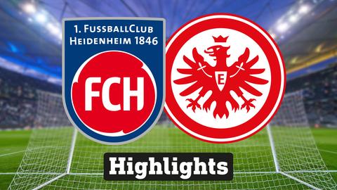Im Hintergrund sieht man ein Fussballstadion, davor links das Logo vom 1. FC Heidenheim und rechts das Logo der Eintracht Frankfurt