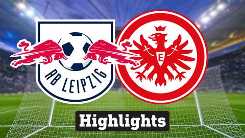 Im Hintergrund sieht man ein Fussballstadion, davor links das Logo vom RB Leipzig und rechts das Logo der Eintracht Frankfurt