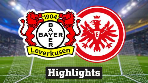 Im Hintergrund sieht man ein Fussballstadion, davor links das Logo von Bayer 04 Leverkusen und rechts das Logo der Eintracht Frankfurt