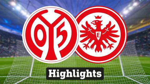 Im Hintergrund sieht man ein Fussballstadion, davor links das Logo vom FSV Mainz  und rechts das Logo der Eintracht Frankfurt